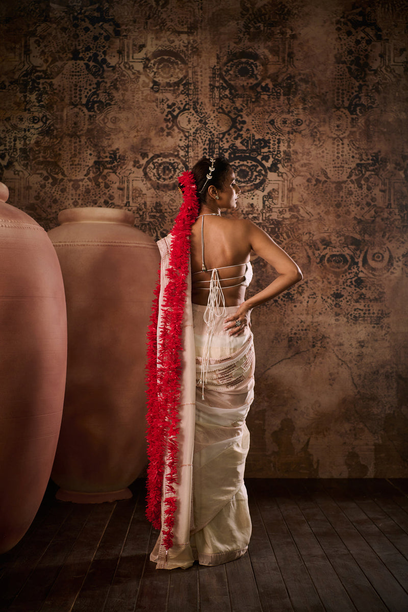 White Blouse With Tissue Embroidered Saree