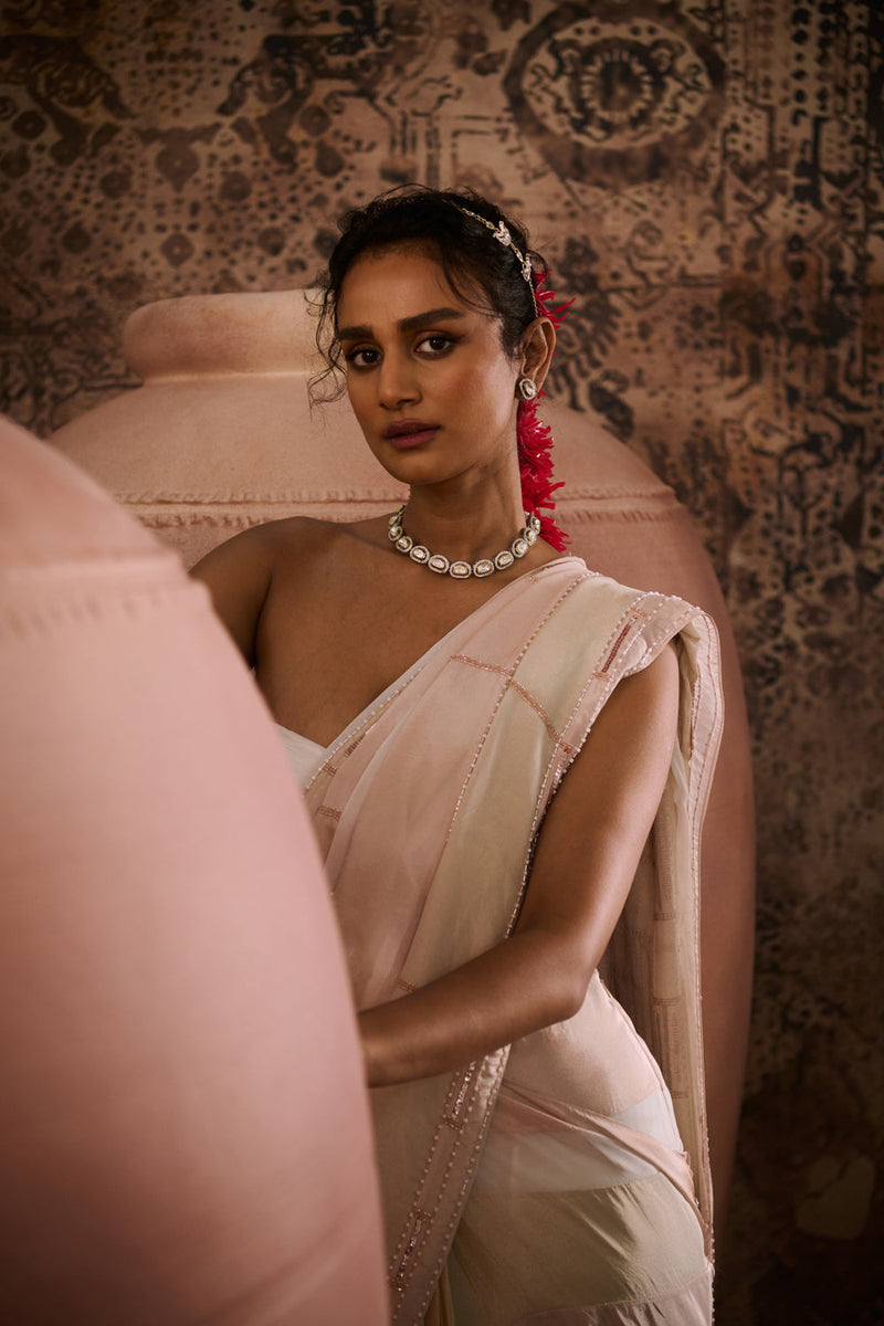 White Blouse With Tissue Embroidered Saree