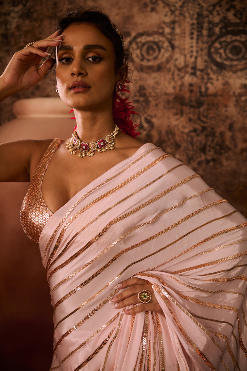 Baby Pink Embroidered Blouse With Embroidered Saree