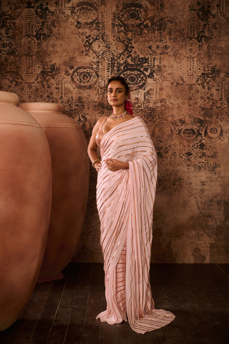 Baby Pink Embroidered Blouse With Embroidered Saree