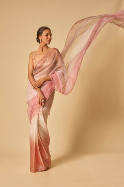 Brown, Beige, Pink Ombre Tissue Embroidered Ombre Pre-Stitched Saree With Embroidered Blouse