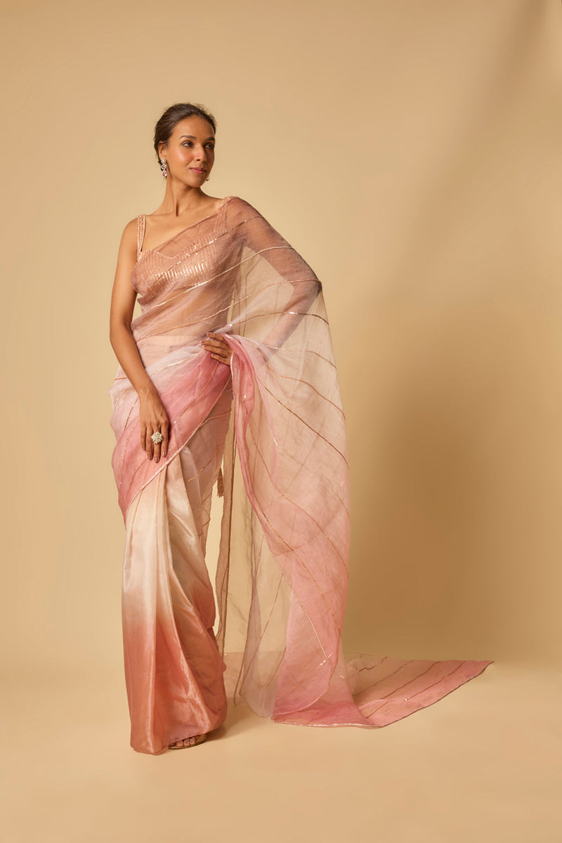 Brown, Beige, Pink Ombre Tissue Embroidered Ombre Pre-Stitched Saree With Embroidered Blouse