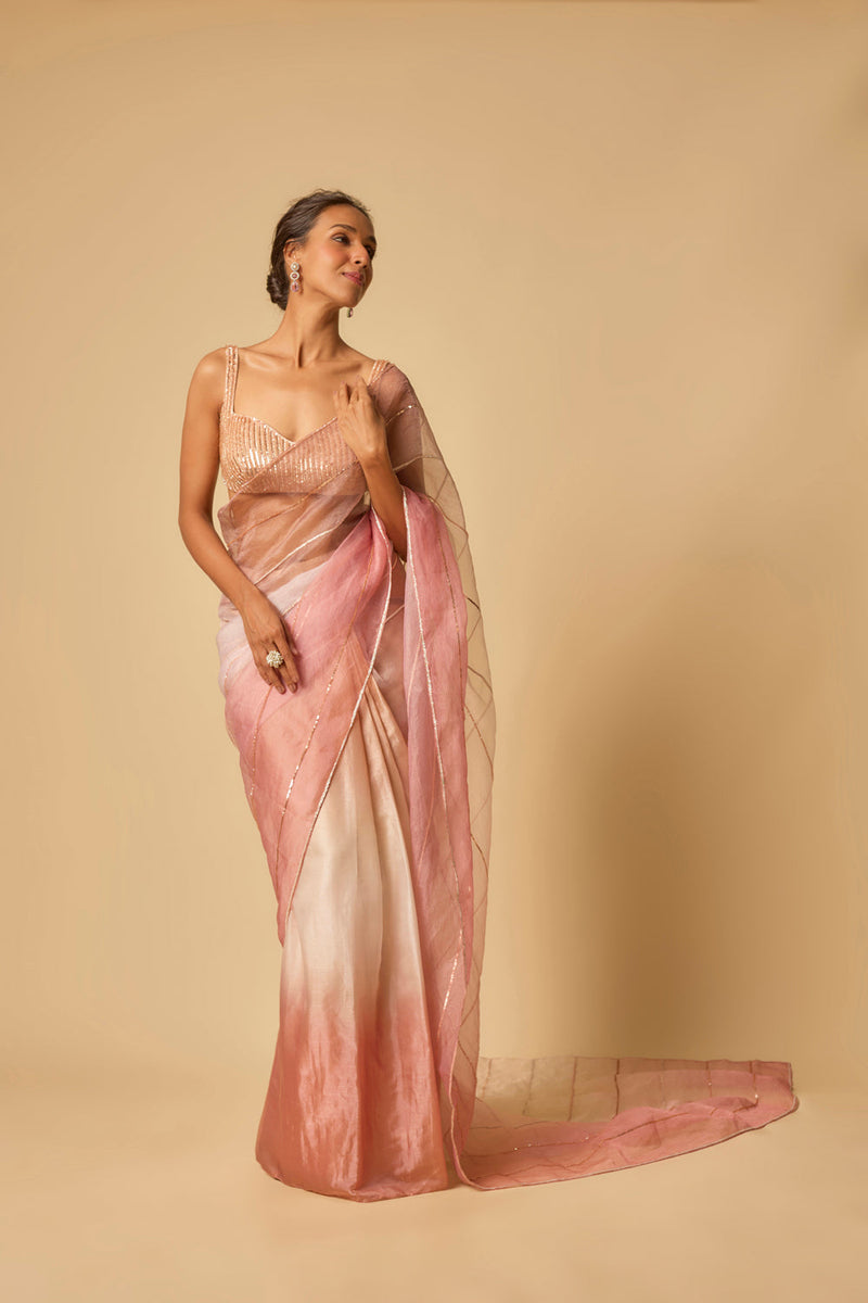 Brown, Beige, Pink Ombre Tissue Embroidered Ombre Pre-Stitched Saree With Embroidered Blouse