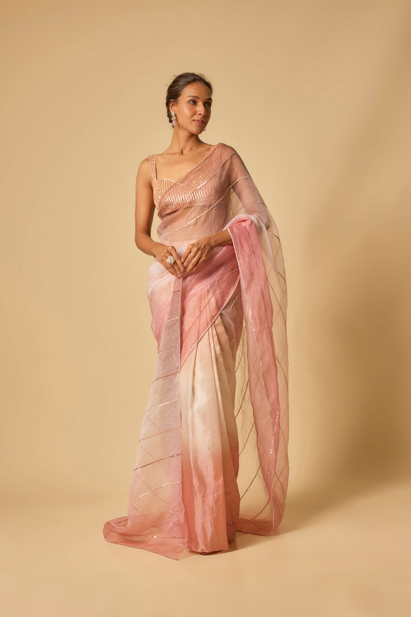 Brown, Beige, Pink Ombre Tissue Embroidered Ombre Pre-Stitched Saree With Embroidered Blouse