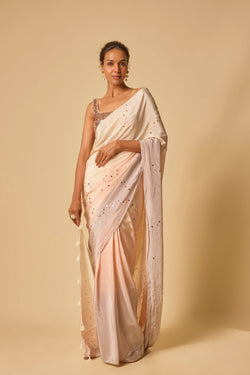 Beige To Lilac Ombre Sequin Embroidered Pre-Stitched Saree With Embroidered Blouse