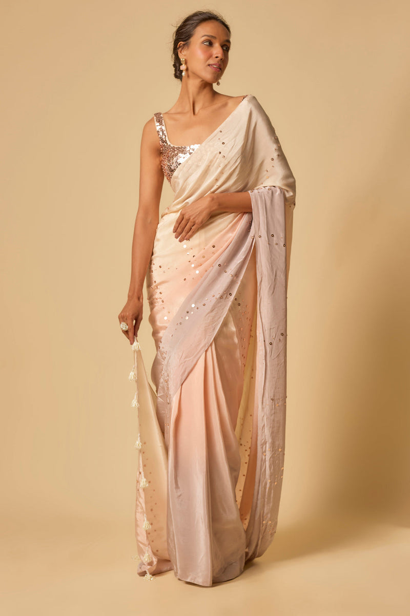 Beige To Lilac Ombre Sequin Embroidered Pre-Stitched Saree With Embroidered Blouse