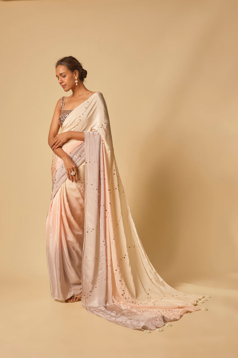 Beige To Lilac Ombre Sequin Embroidered Pre-Stitched Saree With Embroidered Blouse