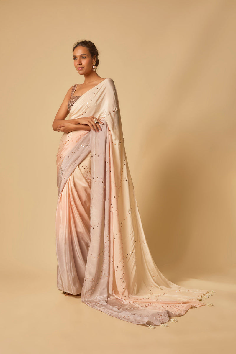 Beige To Lilac Ombre Sequin Embroidered Pre-Stitched Saree With Embroidered Blouse