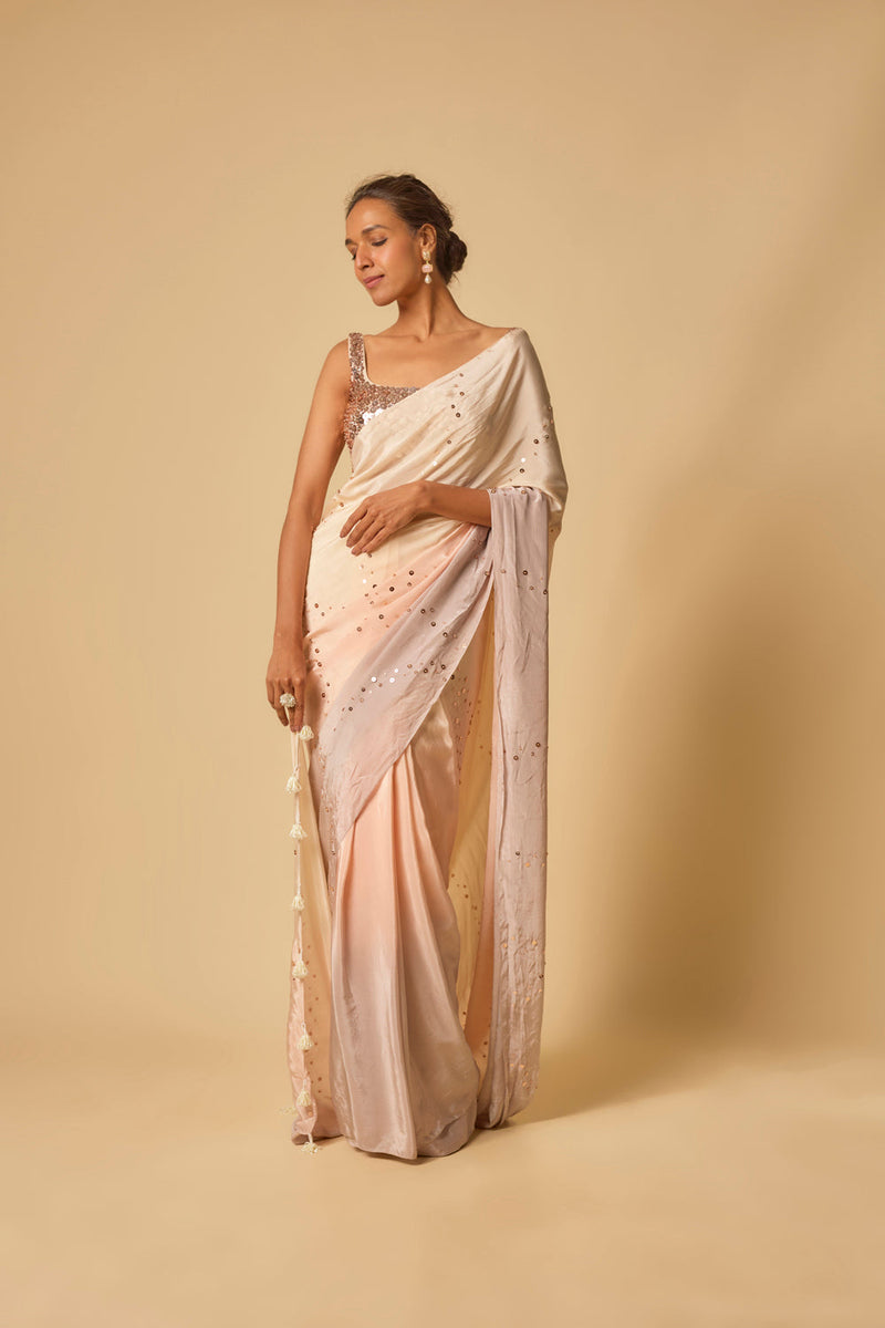 Beige To Lilac Ombre Sequin Embroidered Pre-Stitched Saree With Embroidered Blouse