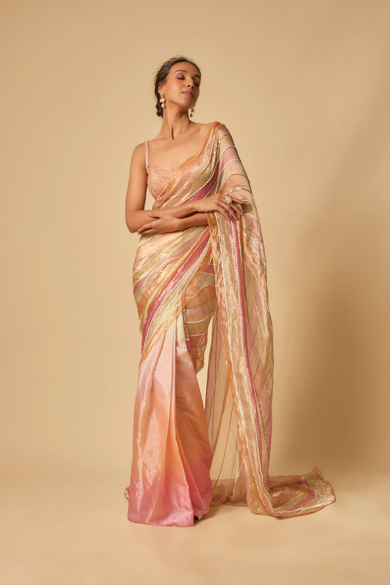 Multi Colour Embroidered Tissue And Ombre Pre-Stitched Saree With Embroidered Blouse