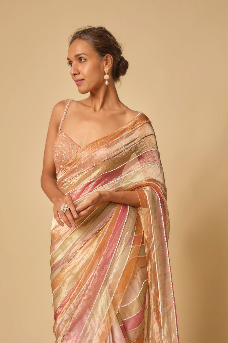 Multi Colour Embroidered Tissue And Ombre Pre-Stitched Saree With Embroidered Blouse