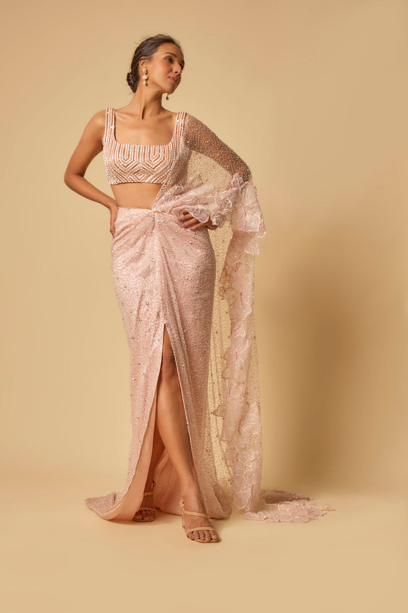 Pink Heavy Embroidered Pre-Stitched Drape Saree With Embroidered Blouse