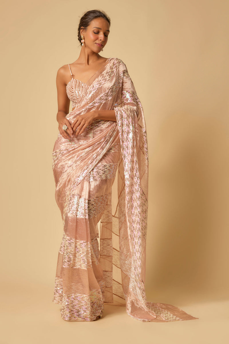 Pink Tissue And.Sequin Block Pre-Stitched Saree With Embroidered Blouse