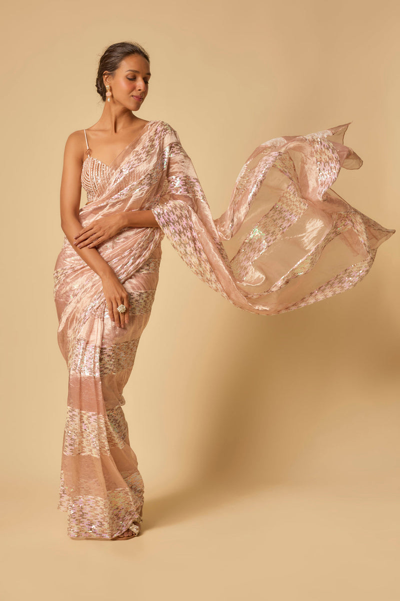 Pink Tissue And.Sequin Block Pre-Stitched Saree With Embroidered Blouse