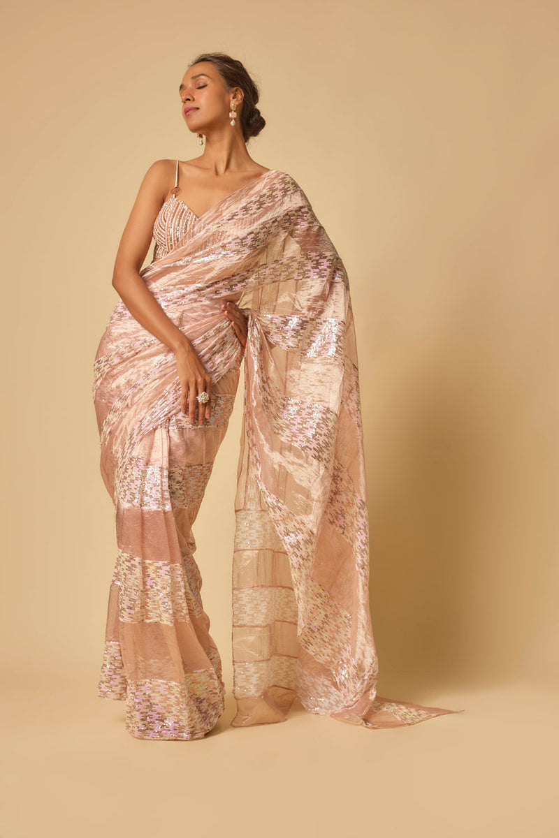 Pink Tissue And.Sequin Block Pre-Stitched Saree With Embroidered Blouse