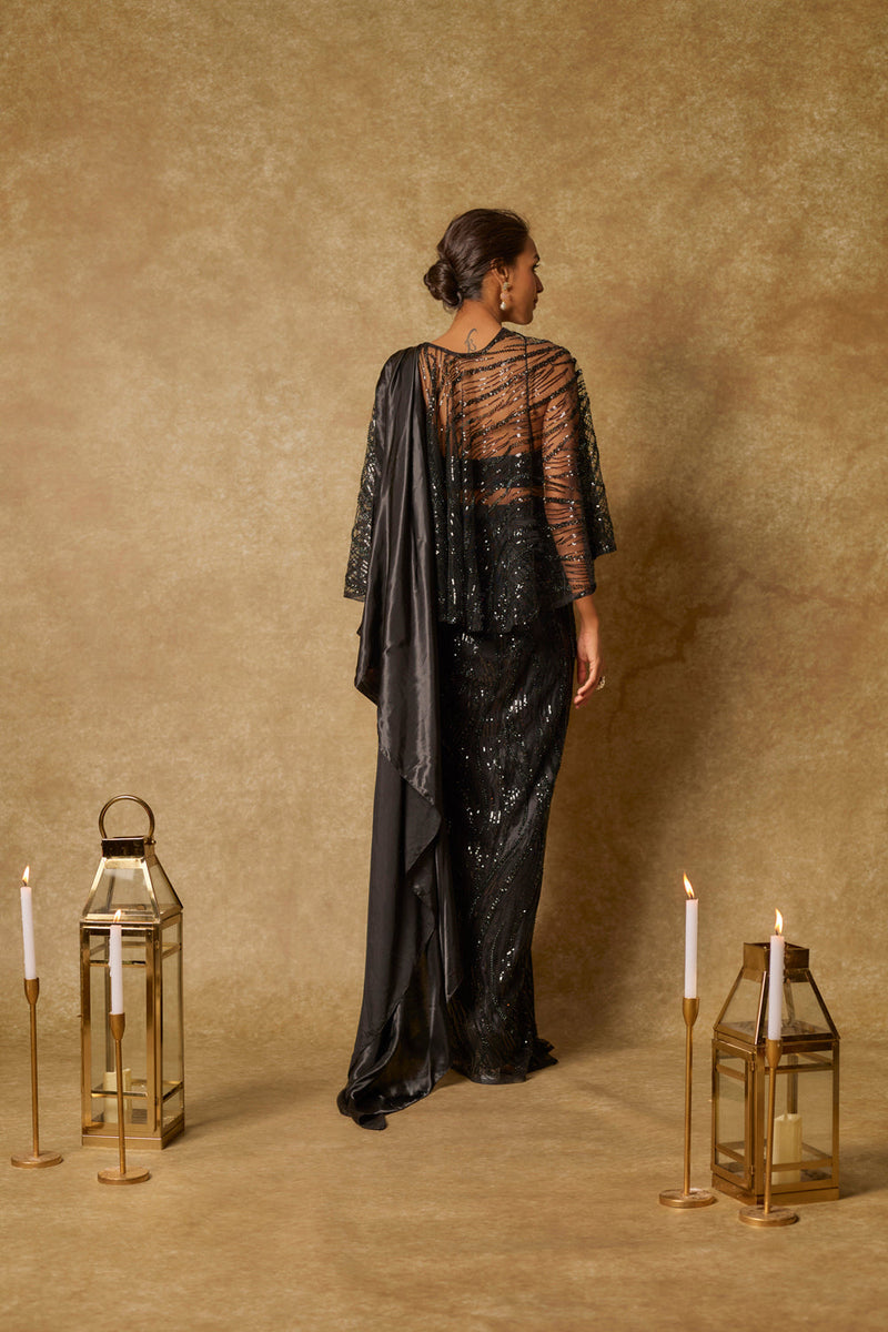 Black Embroidered Pre-Stitched Drape Saree With Cape