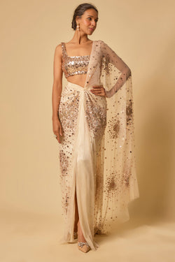 Beige Sequin Embroidered Pre-Stitched Drape Saree