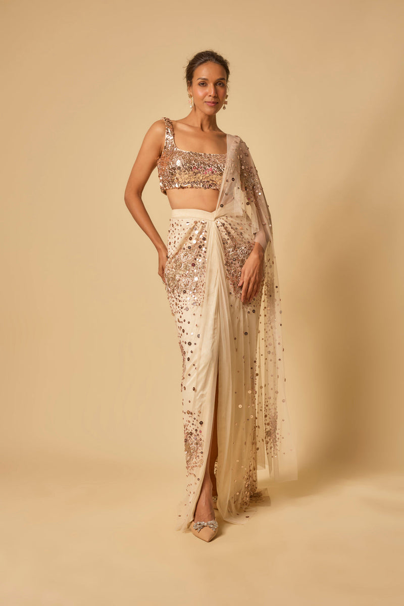 Beige Sequin Embroidered Pre-Stitched Drape Saree