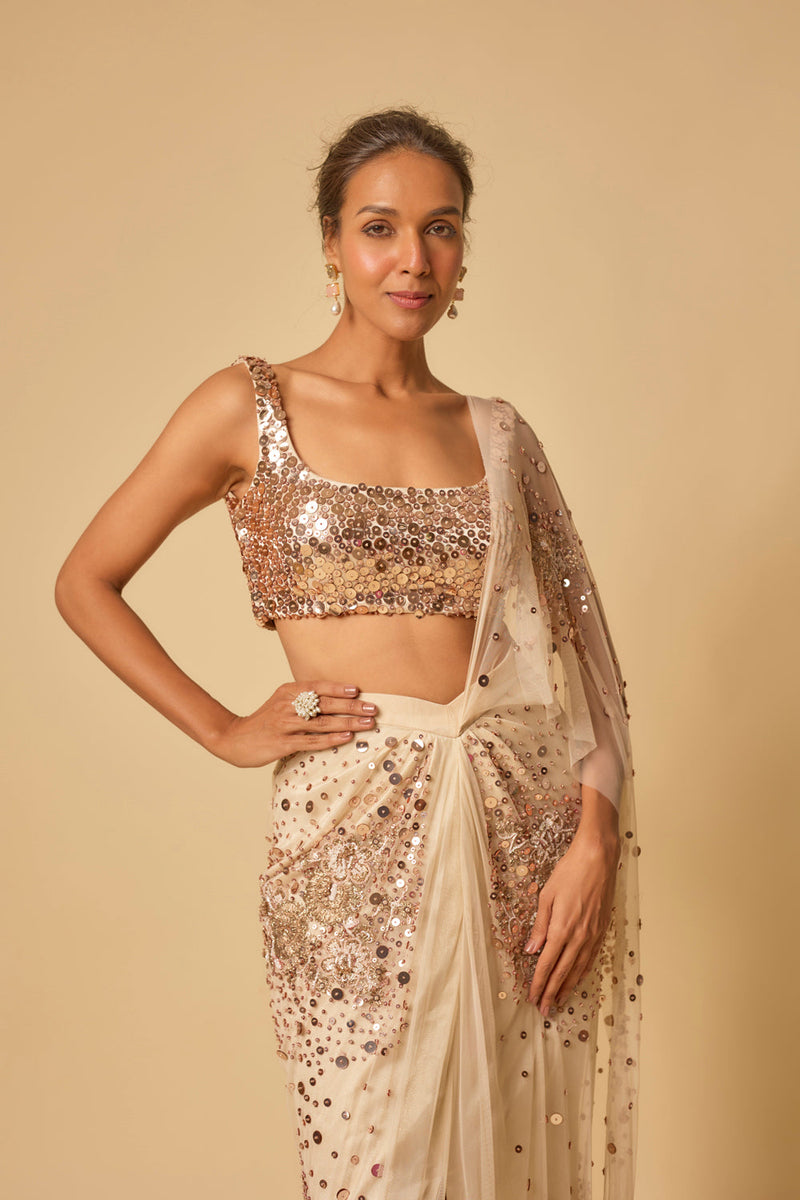 Beige Sequin Embroidered Pre-Stitched Drape Saree