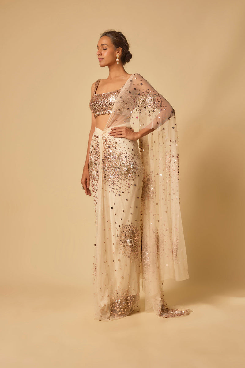 Beige Sequin Embroidered Pre-Stitched Drape Saree