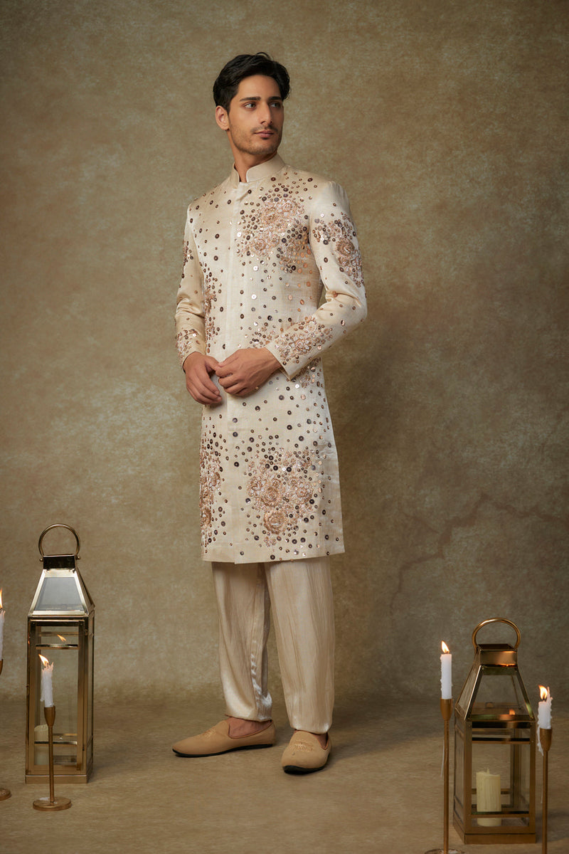 Beige Embroiderd Sherwani With Pant