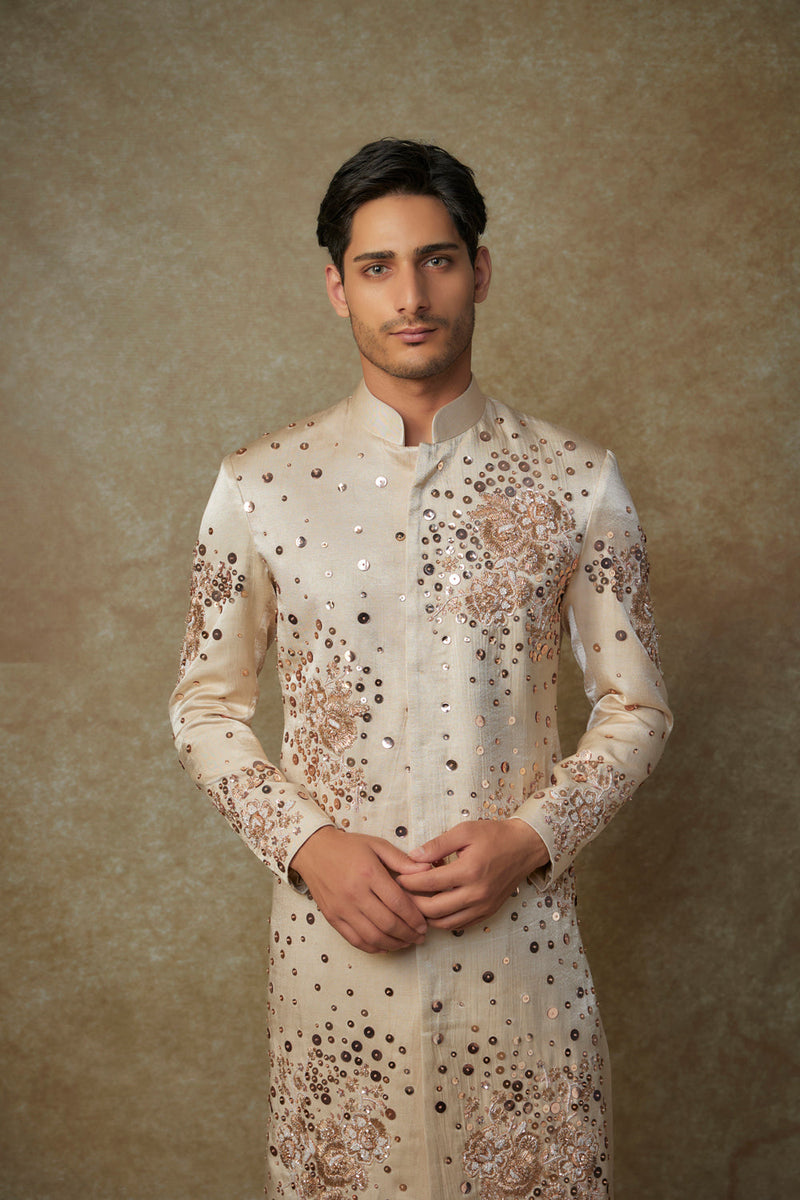 Beige Embroiderd Sherwani With Pant