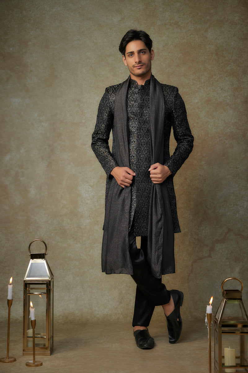 Black Embroiderd Sherwani With Pant And Dupatta