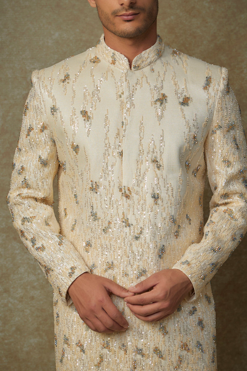 Butter Yellow Embroiderd Sherwani With Pant