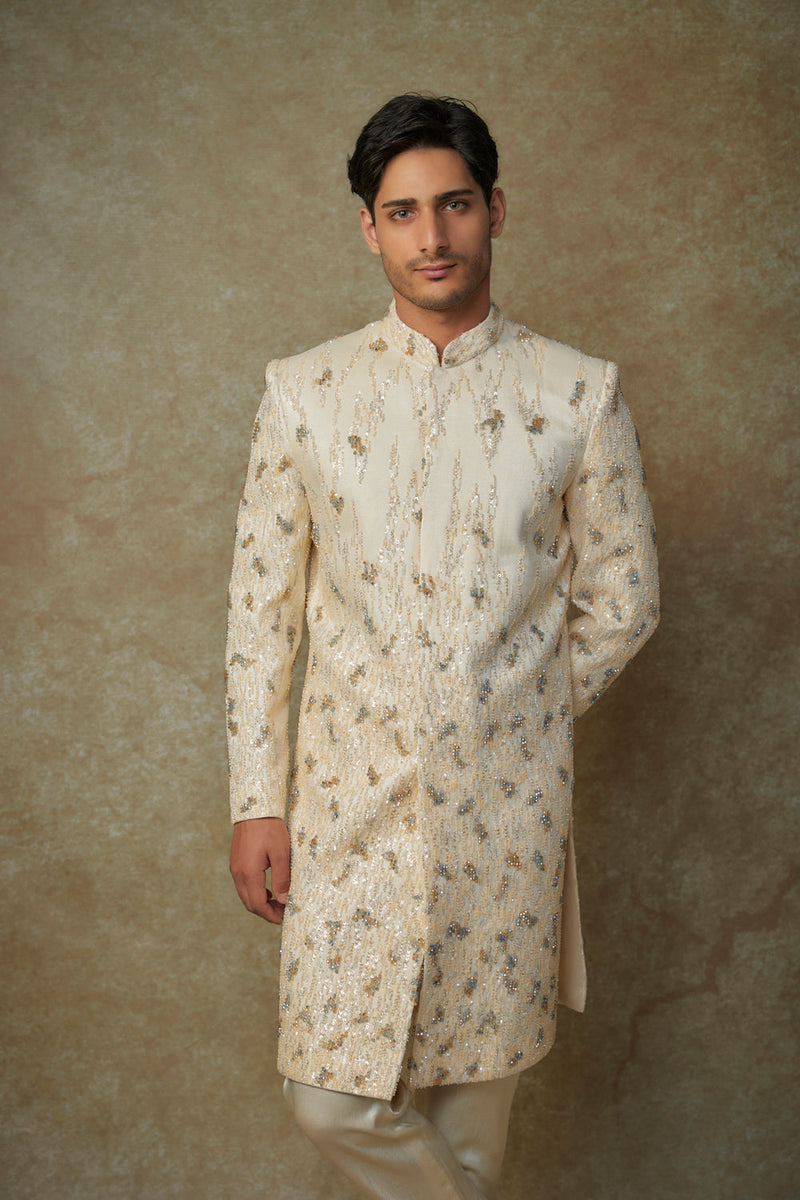 Butter Yellow Embroiderd Sherwani With Pant