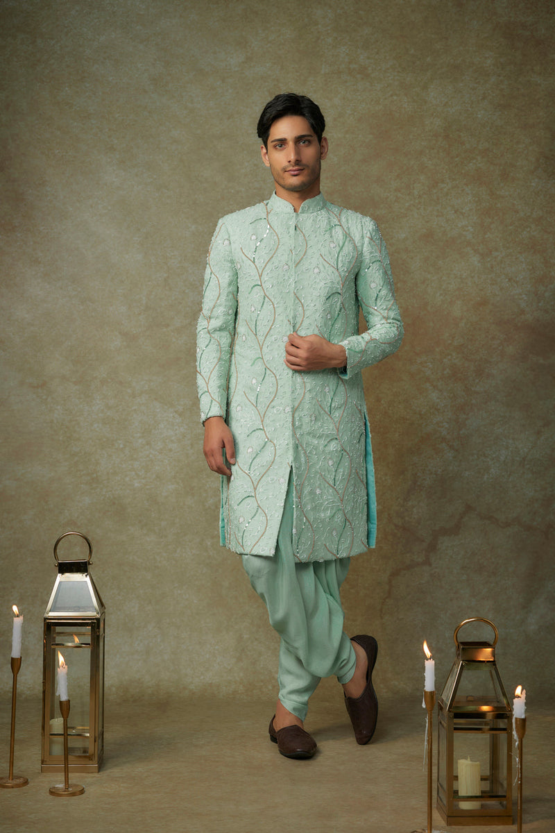 Mint Embroiderd Sherwani With Pant