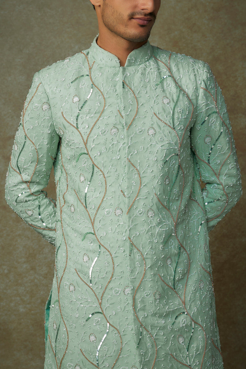 Mint Embroiderd Sherwani With Pant