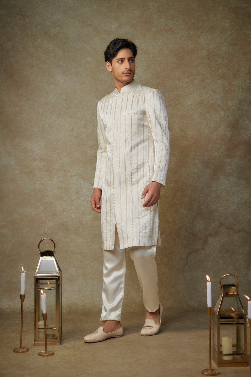 Beige Crystal Embroiderd Sherwani With Pant