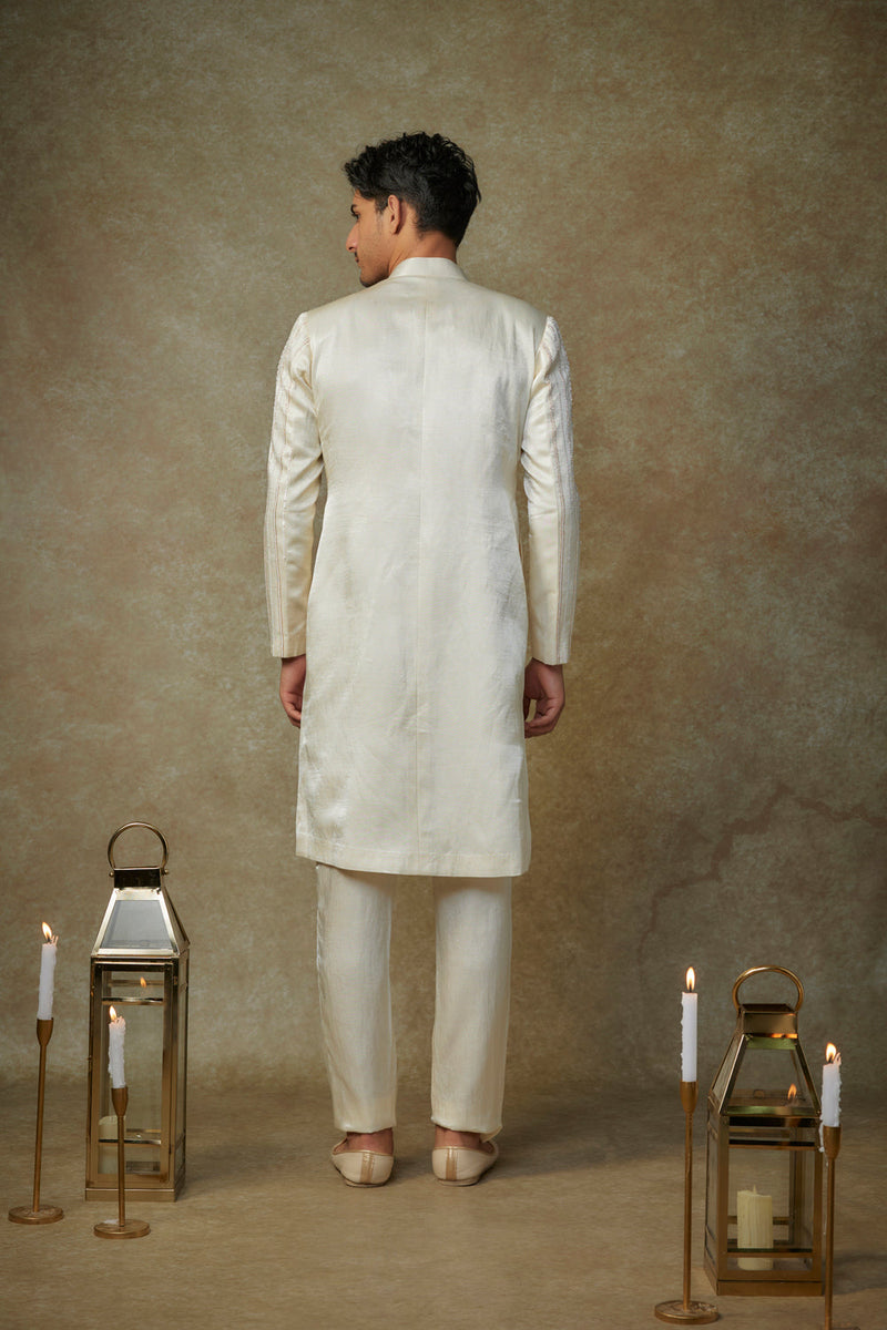 Beige Crystal Embroiderd Sherwani With Pant