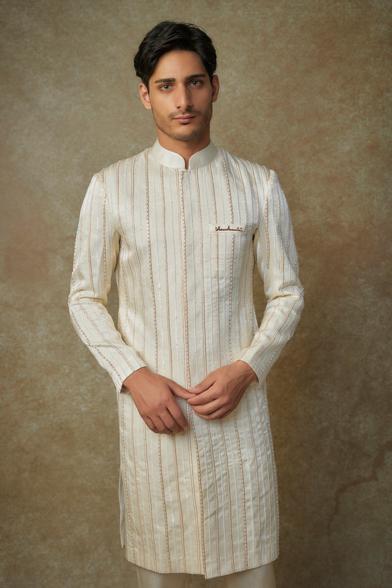 Beige Crystal Embroiderd Sherwani With Pant