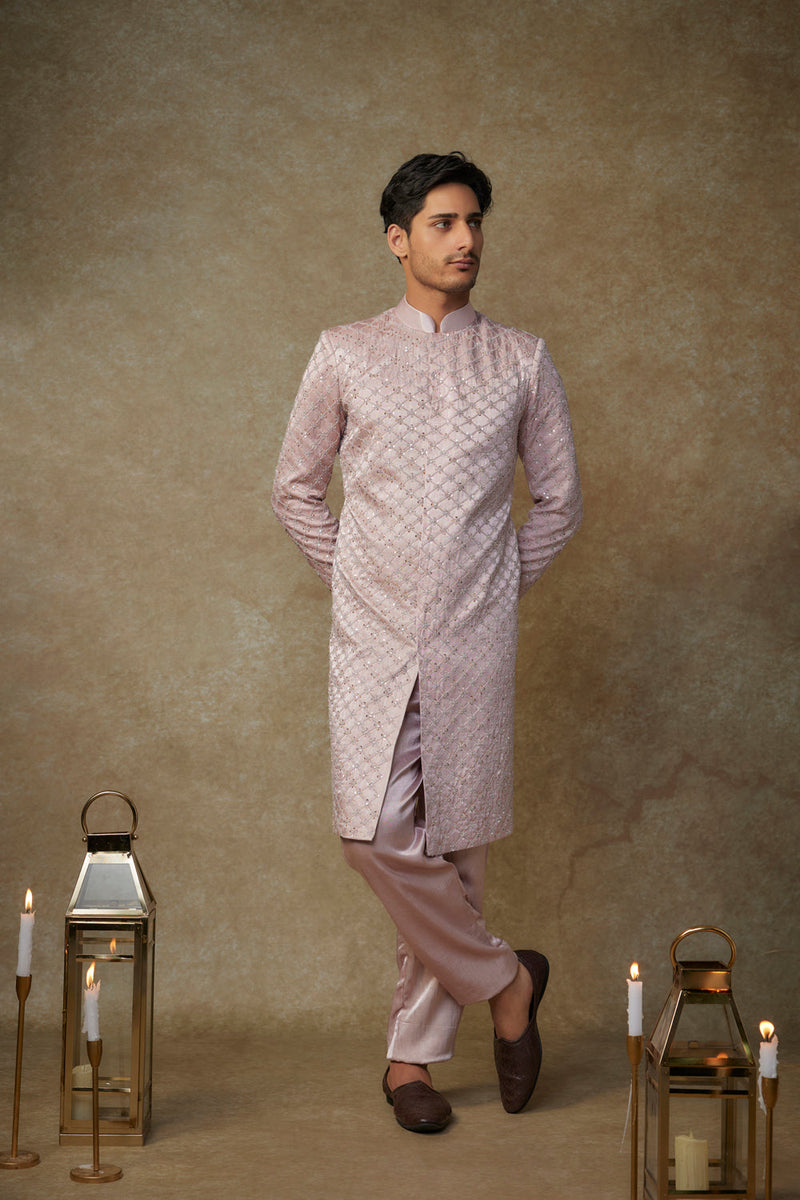 Dusty Pink Embroided Sherwani With Pant