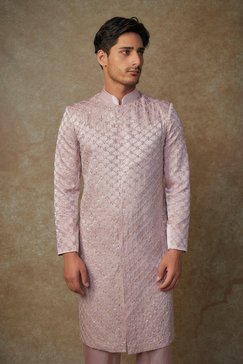 Dusty Pink Embroided Sherwani With Pant