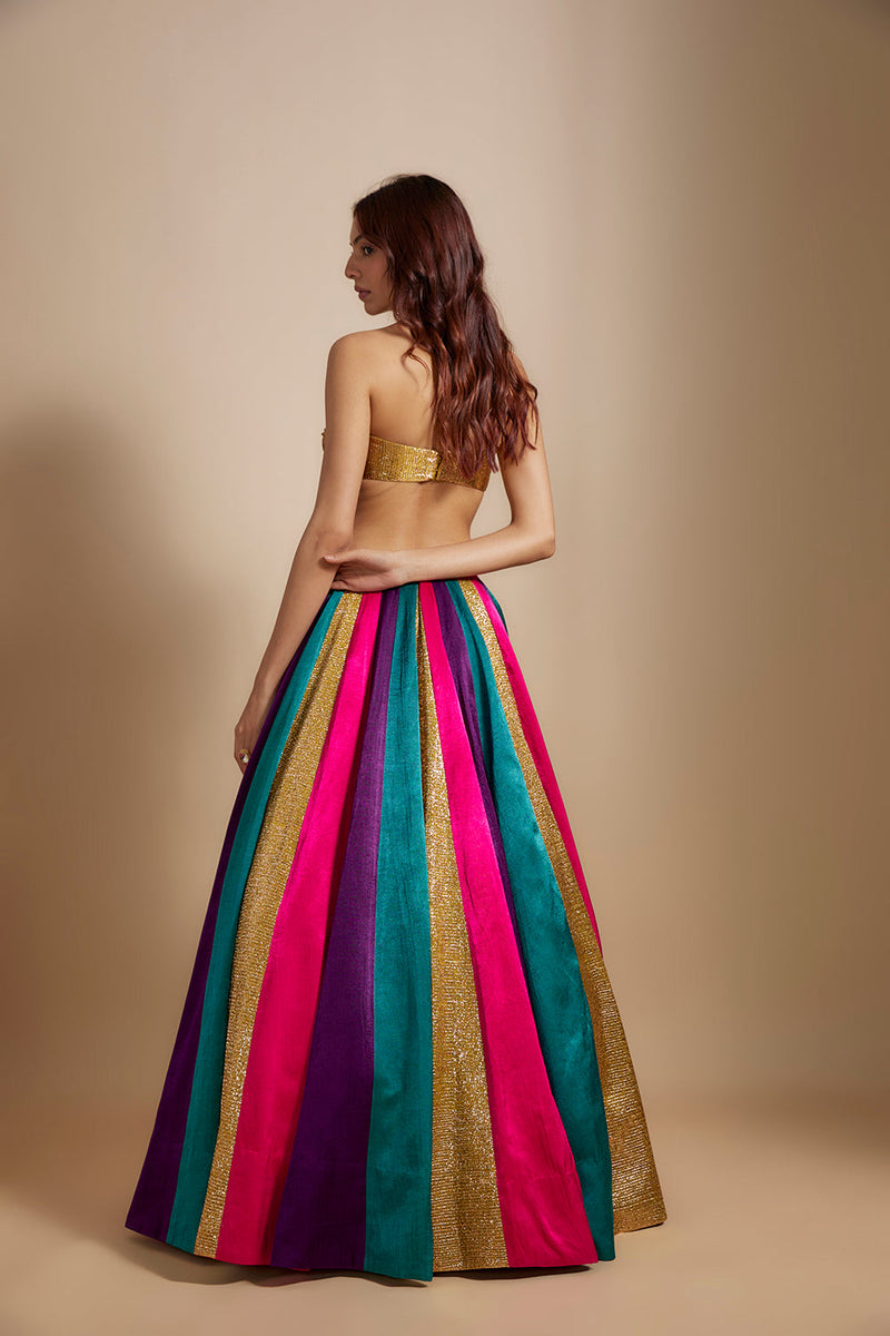 Multi-colored Skirt With Bow Blouse