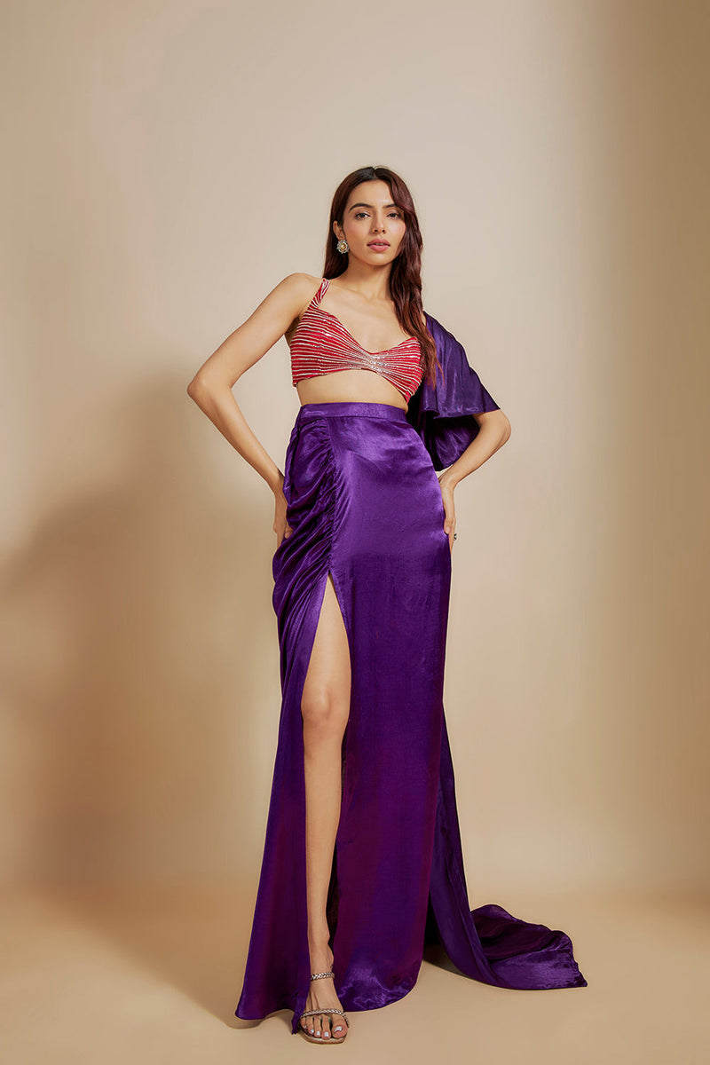 Red emboiderd Bloue With Purple Skirt & Drape