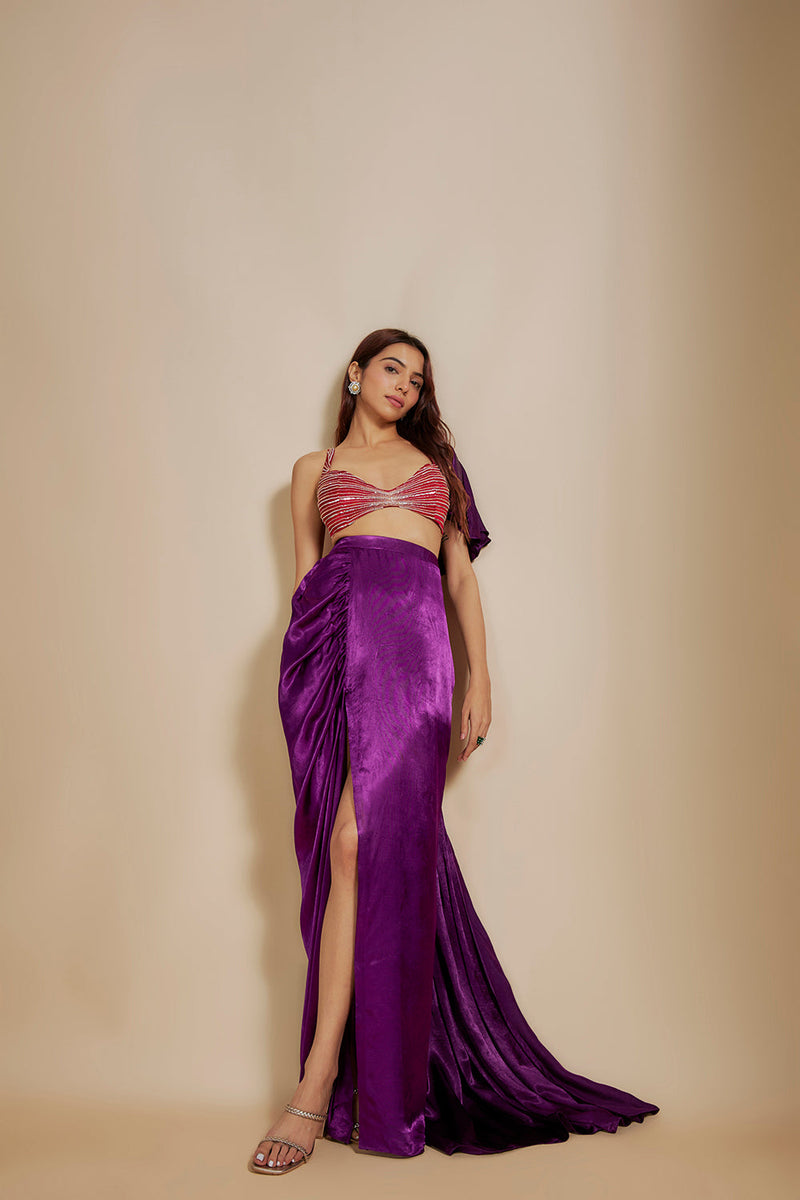 Red emboiderd Bloue With Purple Skirt & Drape