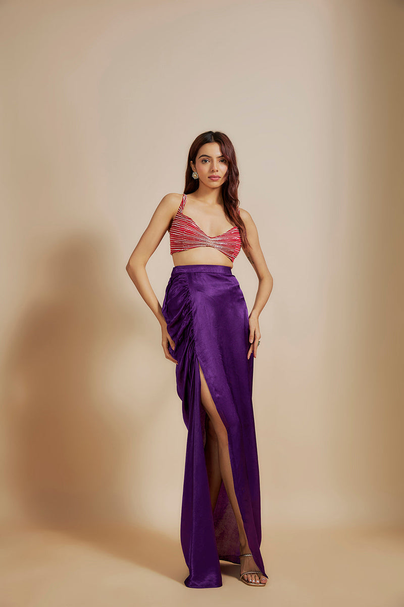 Red emboiderd Bloue With Purple Skirt & Drape