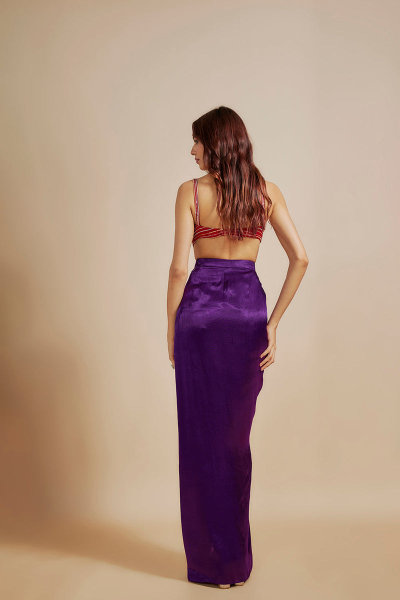 Red emboiderd Bloue With Purple Skirt & Drape