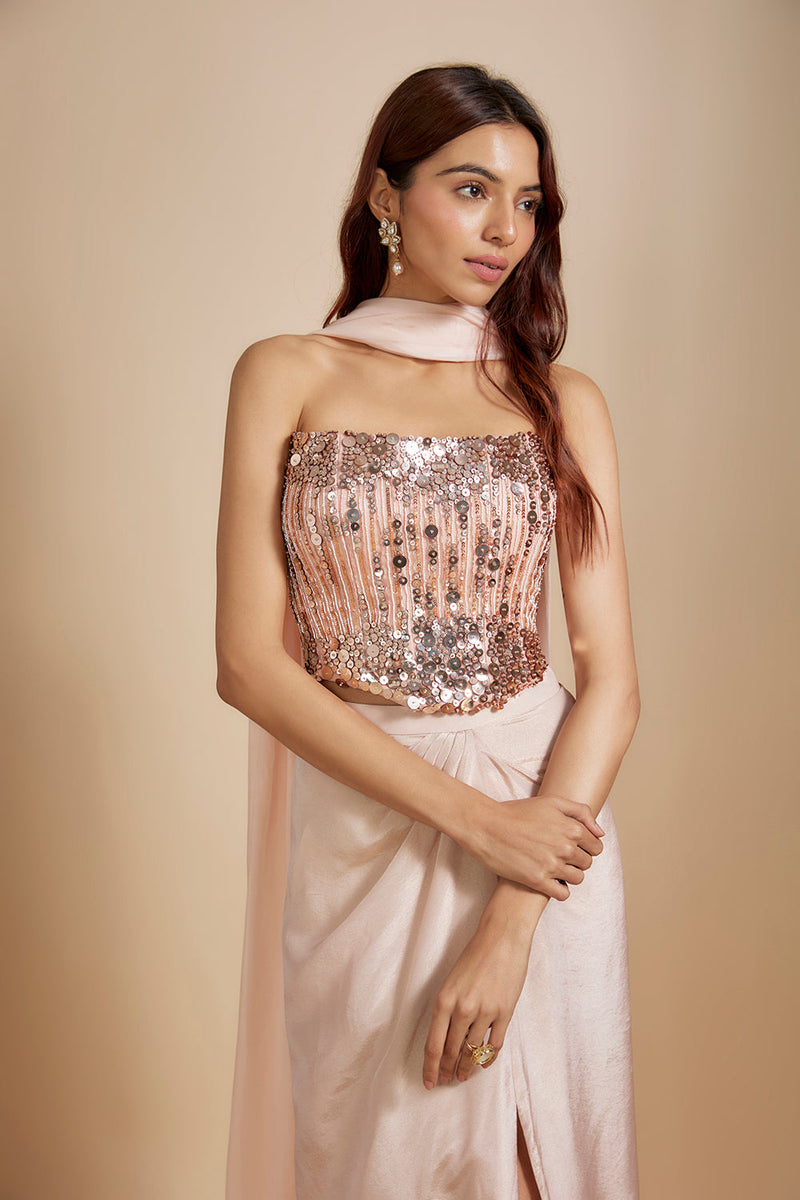 Peach Embroidered corset With Rose Gold Skirt