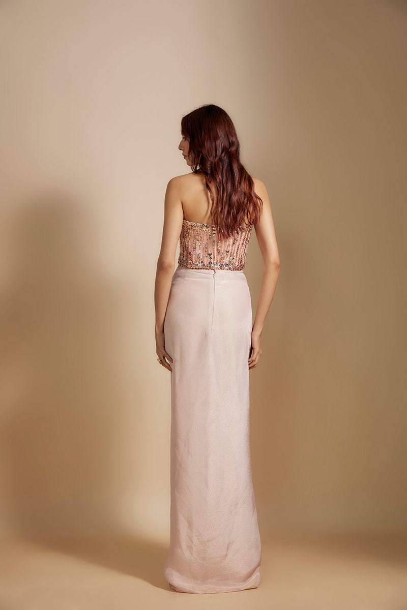 Peach Embroidered corset With Rose Gold Skirt