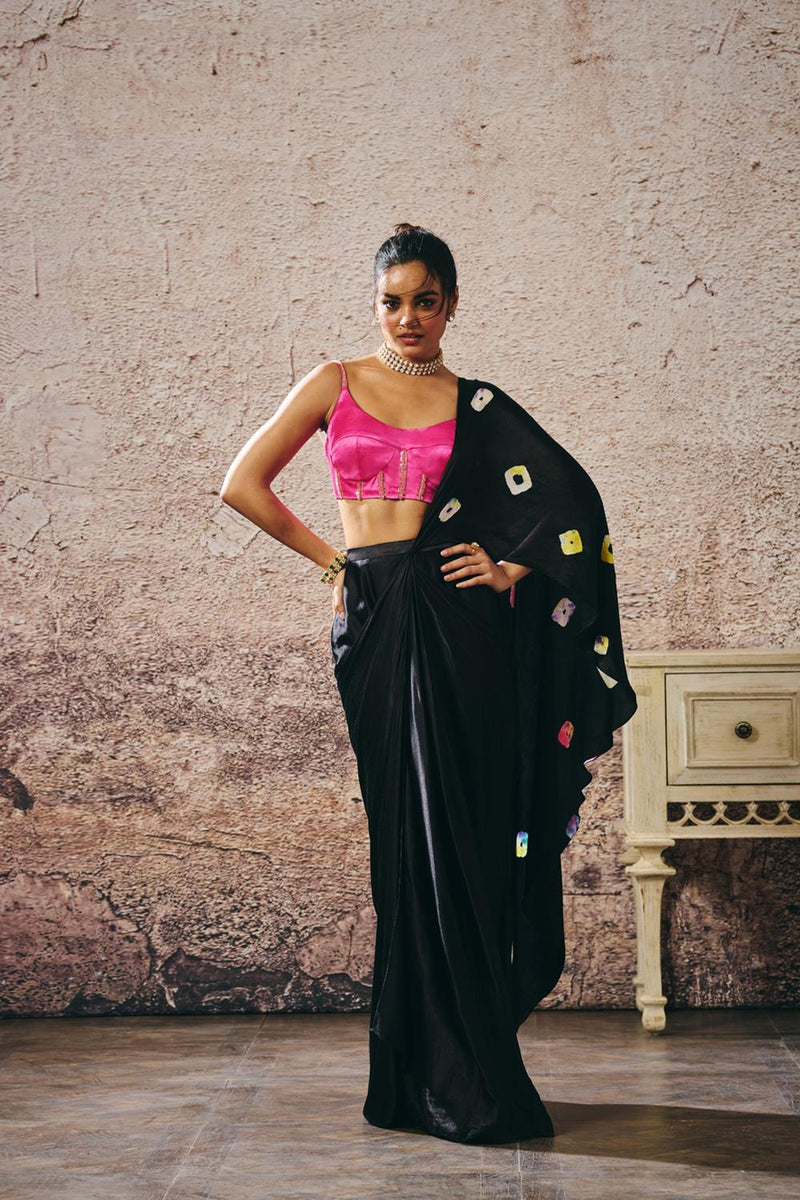 Black Skirt With Shibori And Hot Hot Pink Blouse