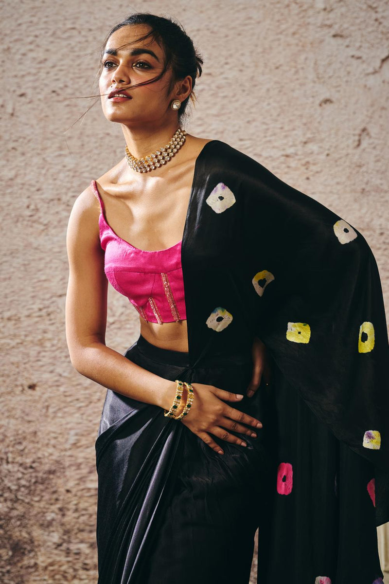 Black Skirt With Shibori And Hot Hot Pink Blouse