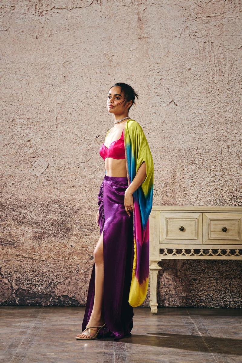 Hot Pink Blouse And Purple Skirt Withombre Shrug