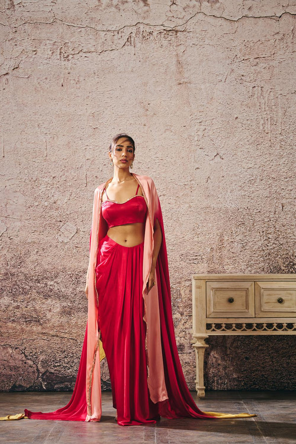 Red Skirt With Blouse With Red And Gold Peach Ombre Shrug