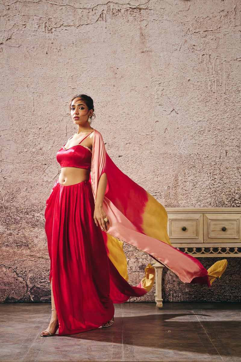 Red Skirt With Blouse With Red And Gold Peach Ombre Shrug