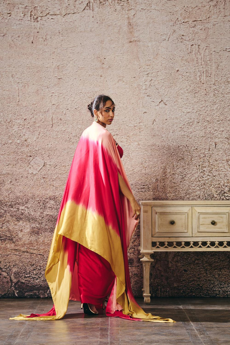 Red Skirt With Blouse With Red And Gold Peach Ombre Shrug