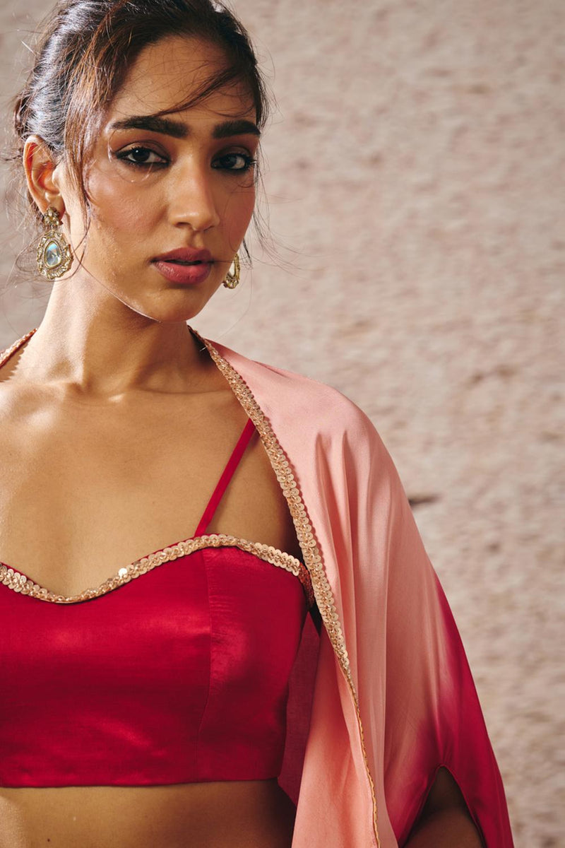 Red Skirt With Blouse With Red And Gold Peach Ombre Shrug